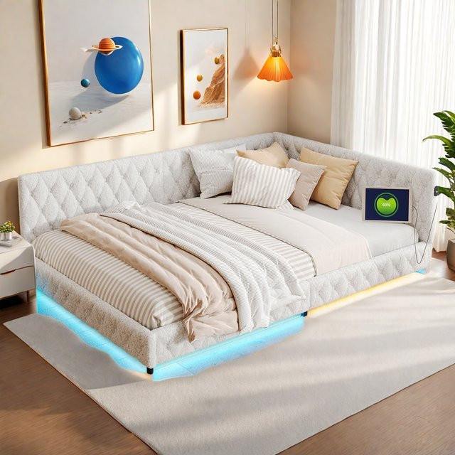 FEEOHOME Polsterbett Schlafsofa mit LED-Beleuchtung und USB-Ladeanschluss aus Teddy-Samtstoff in Beige, B/T: 140 x 200 cm - Bild 1