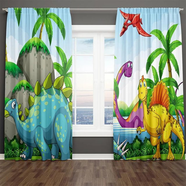 A Family Of Home Textiles Cartoon Dinosaurier Vorhänge für Kinder, 2er-Set, halbtransparent, Mehrfarbig, Breite: 85 cm, Höhe: 220 cm - Bild 1