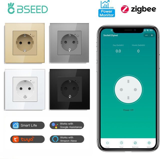 Bseed E-Series Zigbee Energiemonitor Wandsteckdose mit Kristallglas-Rahmen in Transparent, Smart Home kompatibel mit Google Home, Alexa und Smart Life - Bild 1