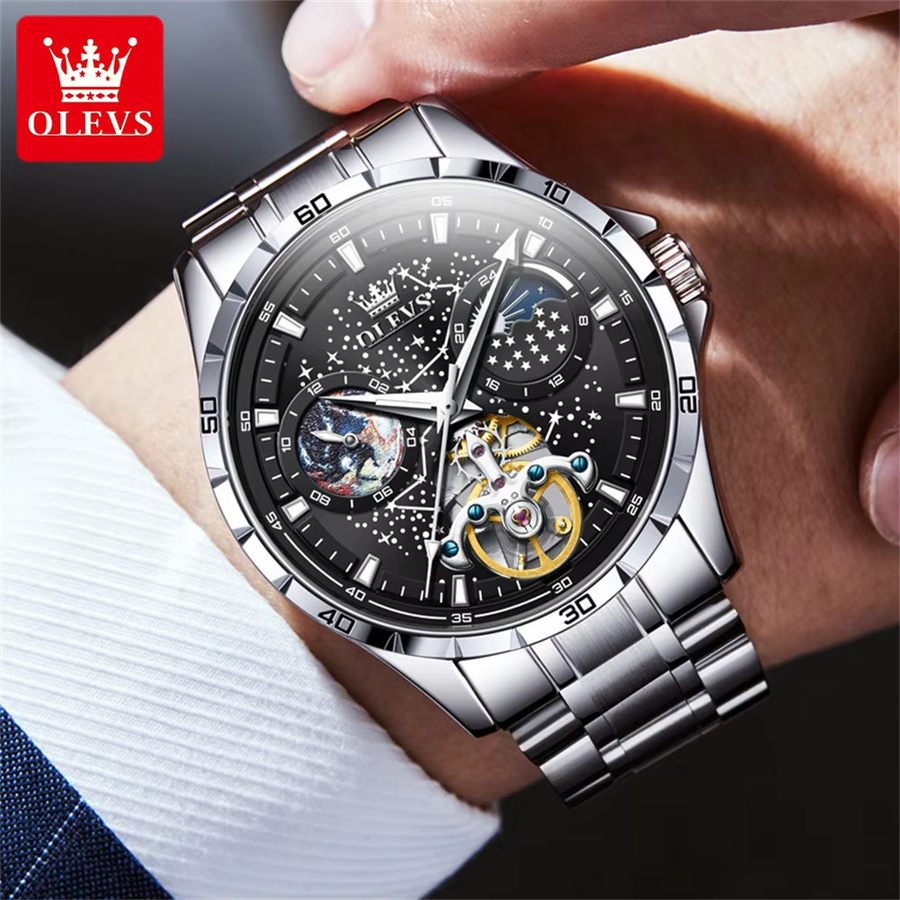 OLEVS Chronograph, Automatik, Edelstahl, Schwarz, Silber, Herren - Bild 2
