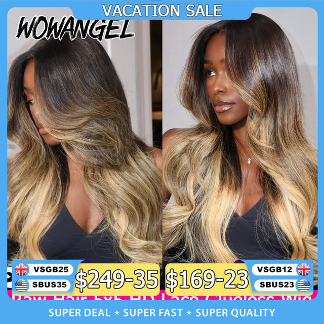 WOWANGEL Blonde Highlights Body Wave Perücke, 100 % Echthaar, 5x5 HD Lace Closure - Bild 1