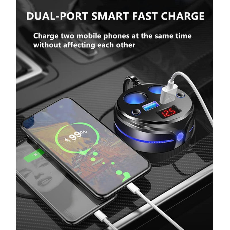 JadeBamboo Zigarettenanzünder-Adapter mit 2 USB-Schnellladestationen und 2 Steckdosen inklusive LED-Spannungsanzeige für 12-24V in Schwarz - Bild 2