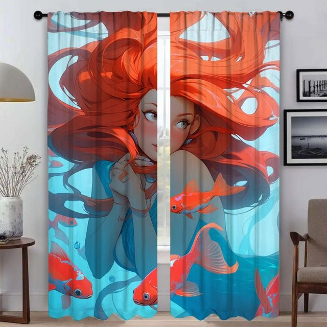 Mädchen Meerjungfrau Serie Verdunkelungsvorhänge aus Tüll für Wohnzimmer und Schlafzimmer, 2er-Set, Mehrfarbig, B: 50 cm, H: 70 cm - Bild 1