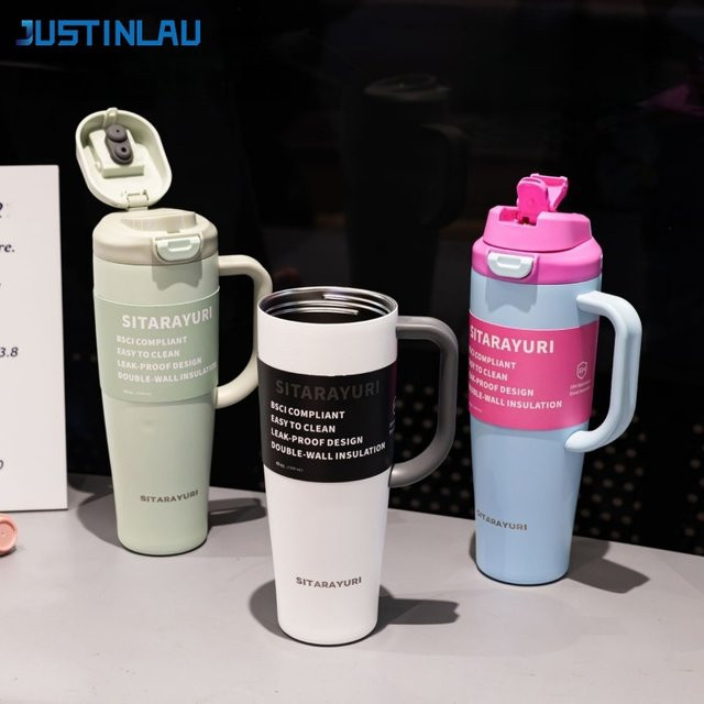 JUSTINLAU Thermosbecher aus Edelstahl in Grau, 1,2 l Vakuumflasche mit Strohhalm, Sprungdeckel und Griff - Bild 1