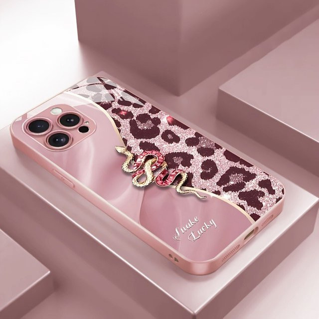 Glas Handyhülle mit Leopardenmuster und Golden Snake Metallic Paint für Apple iPhone 11 bis 17 Pro Max Plus in Gold und Pink - Bild 1