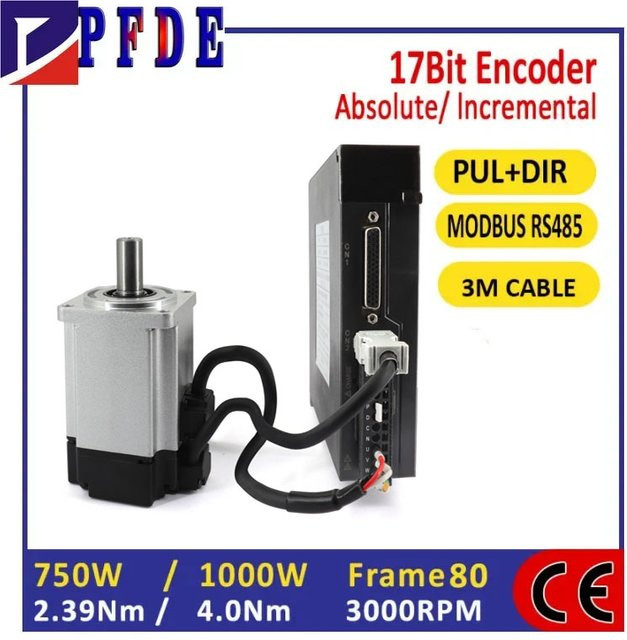AC Servomotor mit 17bit Inkrementalgeber und Treiber für CNC, 220V, 750W 2,4Nm 3000rpm oder 1KW 4Nm 3000rpm - Bild 1
