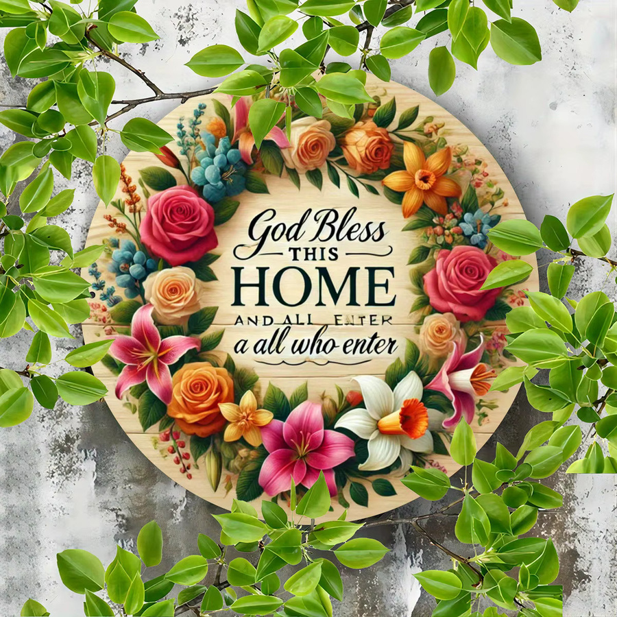 Potdemiel Rundes Metallschild God Bless This Home in Multicolour mit Floralem Design, Durchmesser: 20,32 cm - Bild 2