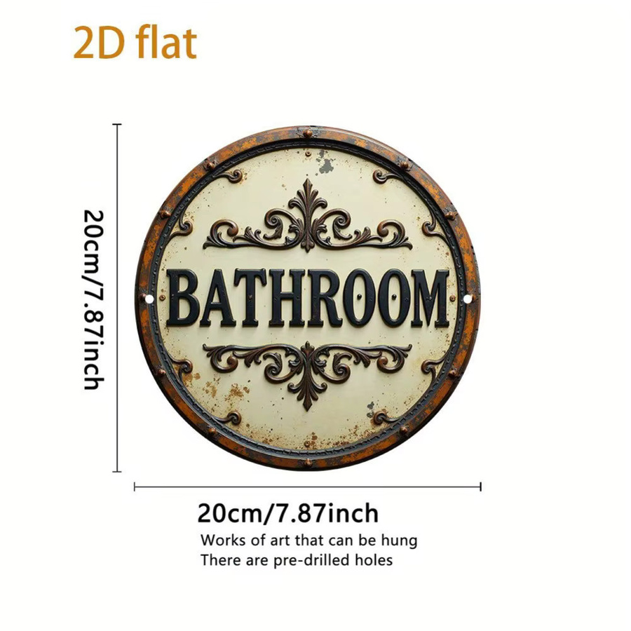 Potdemiel Vintage Badezimmertürschild aus Metall, rundes Wandkunst-Schild in Schwarz mit Bathroom-Schriftzug, Durchmesser: 19,81 cm - Bild 2