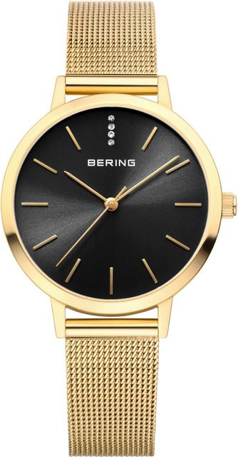 Bering Damenuhr Klassik, Quarz, Edelstahl, Schwarz, Gold, Zirkonia, 34 mm - Bild 1