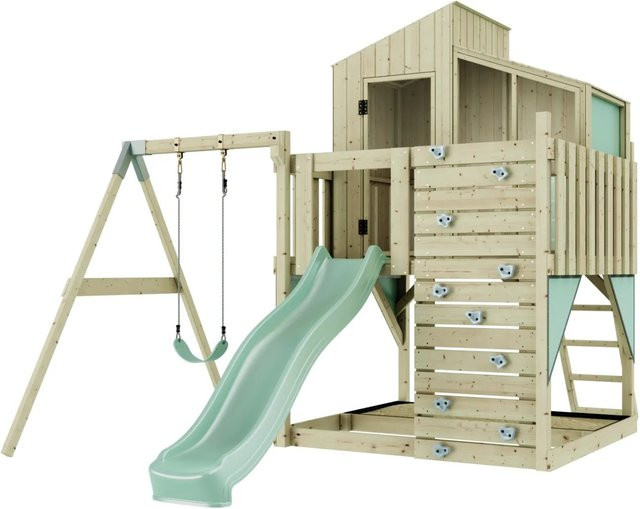 PolarPlay Kinderschaukel Lotta Spielturm aus Holz mit Rutsche und Schaukel in Mintgrün - Bild 1