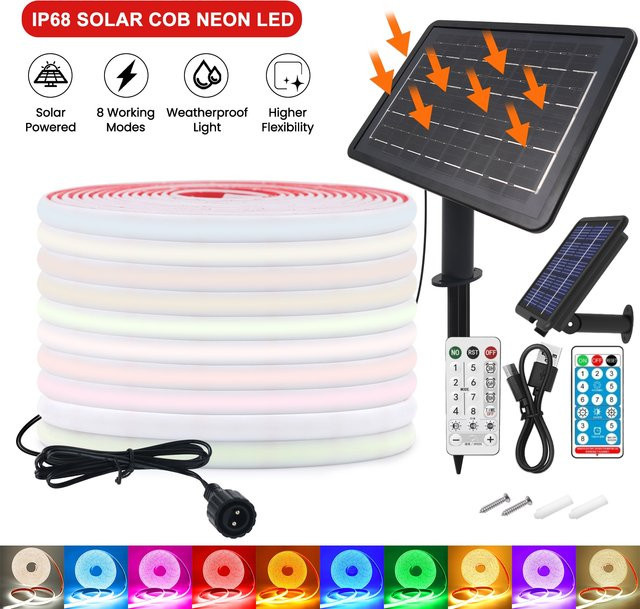 HEGEHE Solar COB Neon-Streifen LED-Leuchten mit Fernbedienung, IP68 Wasserdicht, 320 LEDs, Multicolour, Flexible Lineare Lichtleiste für Garten, Terrasse und Balkon, Schwarz - Bild 1