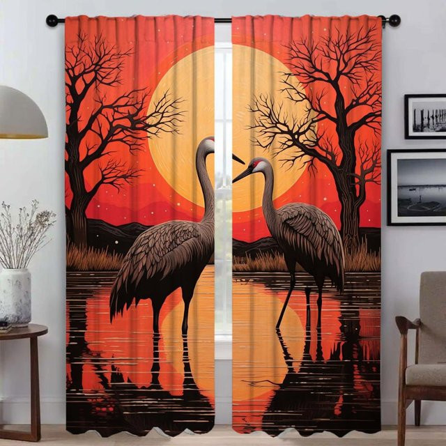 2er-Set Verdunkelungsvorhänge mit Rothalskranich-Motiv, halbtransparente Tüll-Vorhänge für Wohnzimmer und Schlafzimmer, B: 50 cm, H: 70 cm - Bild 1