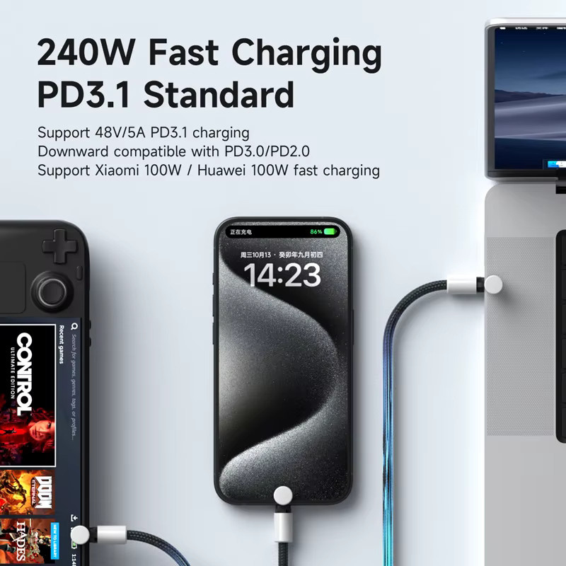Hagibis USB-C-auf-USB-C-Kabel mit Schutzkappe, 240 W PD 3.1 Schnellladekabel für iPhone 16 17, MacBook Pro und iPad, Weiß-Grün - Bild 2