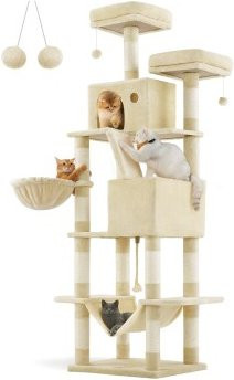 Feandrea Katzenbaum XXL in Beige mit Höhle, Spielzeug und Hängematte, Höhe: 206 cm - Bild 1