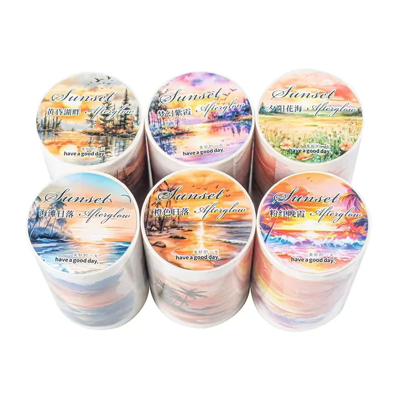 Washi Tape Rolle Blume Meer Sonnenuntergang Afterglow Landschaftsmotiv in Orange, Breite: 65 mm, Länge: 2 m - Bild 1