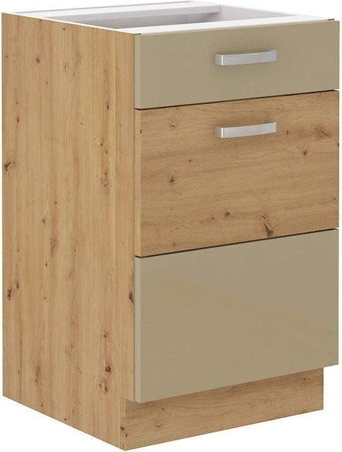 Küchenunterschrank 50 Eiche Artisan Cappuccino Glanz mit Vollauszug und Soft-Close in Beige - Bild 1