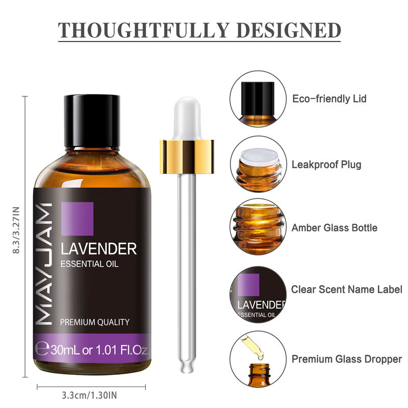 MAYJAM Ätherisches Öl Set für Diffusor, 30 ml, verschiedene Düfte wie Lavendel, Eukalyptus, Jasmin, Vanille, Sandelholz, Patchouli, Zitrone, Rose und Kamille, Glasflaschen in Orange und Braun - Bild 3