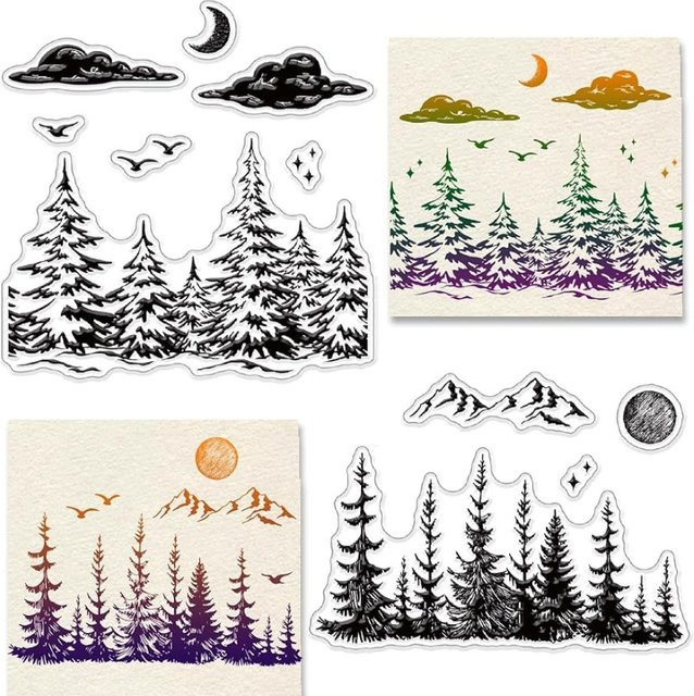 Waldklare Silikonstempel für Scrapbooking mit Wald, Sonne, Mond, Wolken und Bäumen, transparent, B: 10,9 cm, H: 16,0 cm, T: 0,3 cm - Bild 1