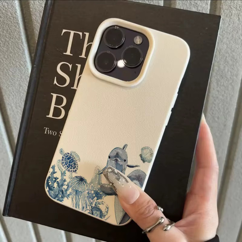 Apple iPhone Handyhülle mit Ozeanmuster und Lychee-Textur in Beige und Multicolour für iPhone 17, 16, 15 Pro Max Plus Serie - Bild 3