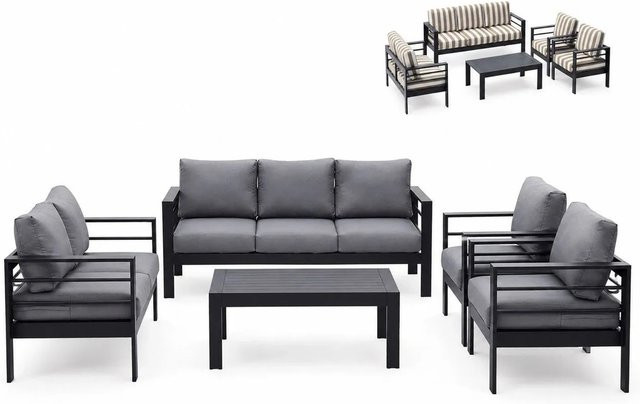 MeXo Gartenmöbel Set für 7 Personen aus pulverbeschichtetem Aluminium in Schwarz mit khaki gestreiften Polsterkissen - Bild 1