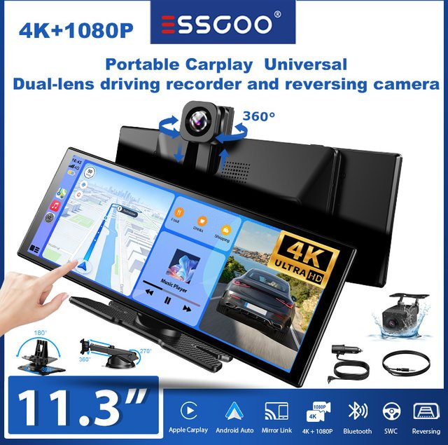 ESSGOO Carplay Android Auto Multimedia-Player mit 11,3 Zoll Display, 4K Dual-Objektiv Fahrtrekorder und Rückfahrkamera, Schwarz, WiFi und Bluetooth - Bild 1