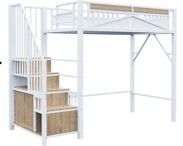 Merax Hochbett für Kinder aus Metall in Weiß mit Treppe und Seitenfächern, B/T/H: 90 x 200 x 170 cm - Bild 1