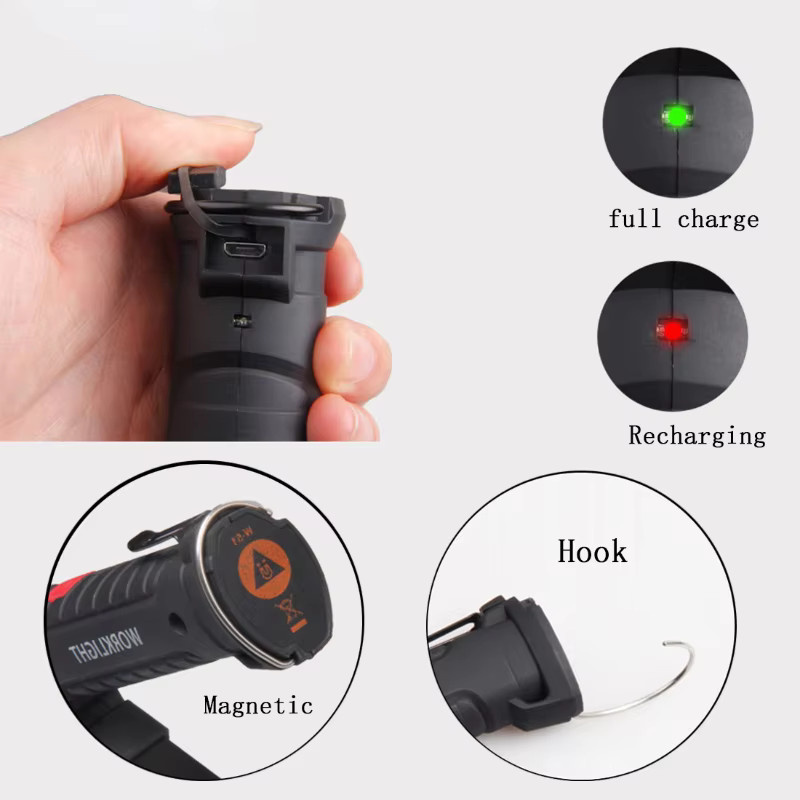 Magnetische COB LED Taschenlampe in Schwarz, USB aufladbare tragbare Arbeitslampe mit eingebauter Batterie für Camping und Arbeit - Bild 5