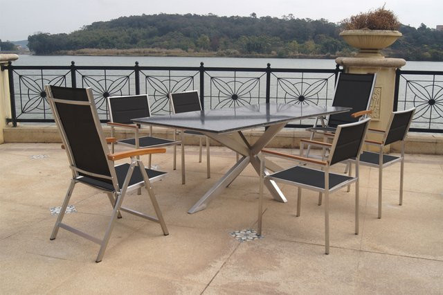 OUTFLEXX Garten-Essgruppe aus Edelstahl, Granit und Textil in Silber/Schwarz mit 4 Stühlen und Teak-Armlehnen, B/T: 200 x 100 cm - Bild 1