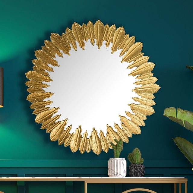 Runder Wandspiegel KADIMA DESIGN in Gold mit Federn-Design aus Metall, Durchmesser: 68 cm - Bild 1