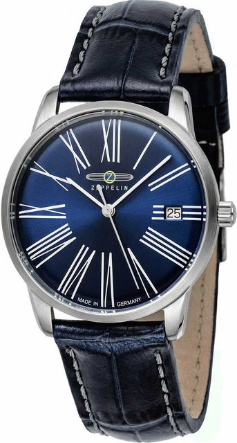 Zeppelin Armbanduhr, Analoguhr, Quarz, Edelstahl, Leder, Blau, 35 mm, Damen - Bild 1