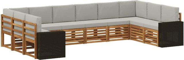 vidaXL Ecksofa Set in L-Form aus Akazienholz und Polyester in Natur und Hellgrau mit Kissen und Armlehnen - Bild 1