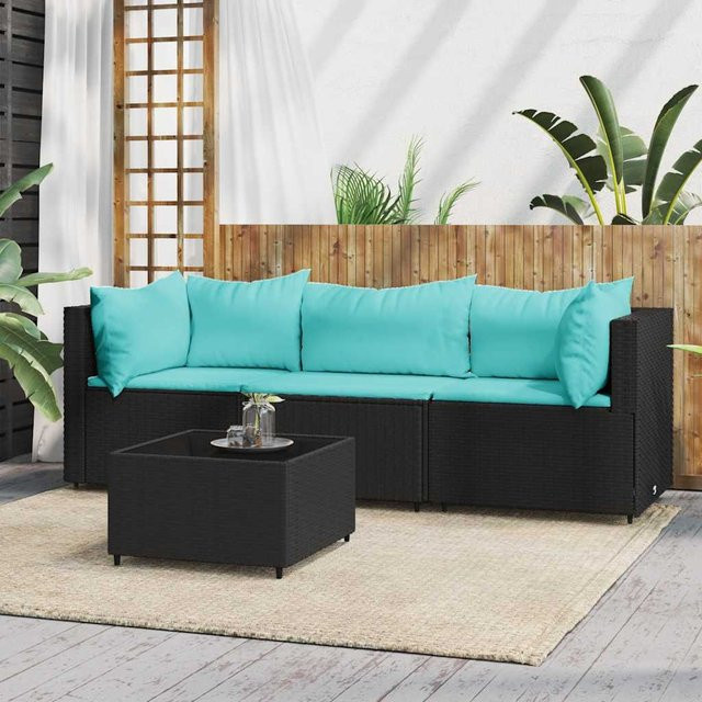 vidaXL 4-teiliges Garten-Lounge-Set in L-Form mit Polyrattan und Kissen, Schwarz - Bild 3