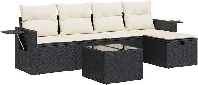 vidaXL 6-teilige Garten-Sofagarnitur in L-Form aus Poly Rattan und Metall mit Kissen in Schwarz - Bild 1