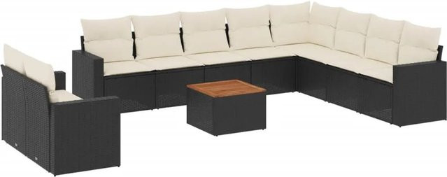 vidaXL 11-tlg Garten-Sofagarnitur aus Poly-Rattan und Akazienholz in Schwarz und Braun mit Kissen Modell 49 - Bild 1