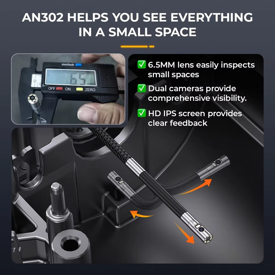 Ancel AN302 Industrie-Endoskopkamera mit 720P HD Dual-Objektiv, 4,3-Zoll-IPS-Bildschirm, 6,5 mm IP67 wasserdichtem Kopf und 1,6 m halbstarrem Kabel in Schwarz - Bild 3