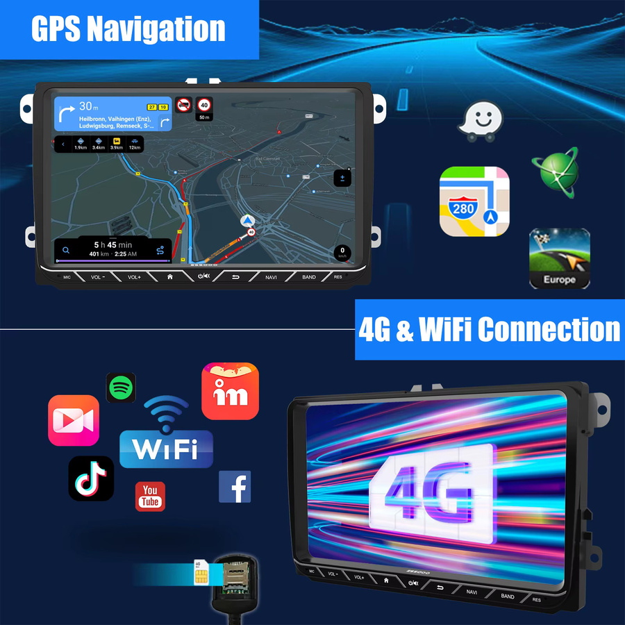 ESSGOO Android 14 Autoradio für VW Golf MK5 MK6 mit 9 Zoll IPS Touchscreen, 6+128GB, Drahtlos Apple CarPlay und Android Auto, GPS Navigation, 4G WIFI und KI-Steuerung, Schwarz - Bild 3