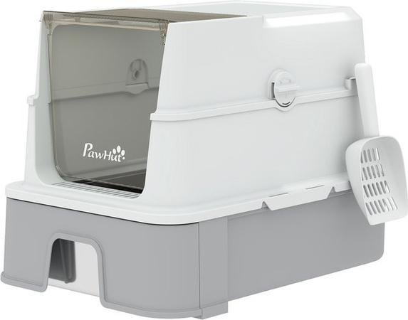 PawHut Katzentoilette aus Edelstahl mit Deckel und Schaufel, XL Katzenstreubox mit herausziehbarer Wanne, grau