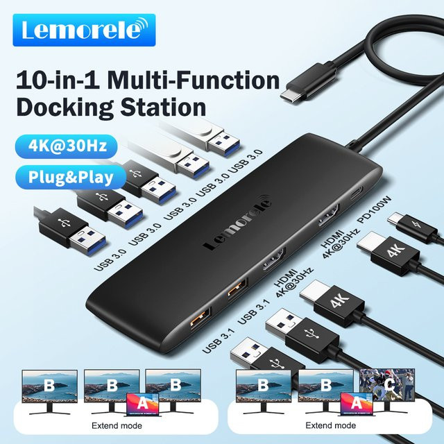 Lemorele 10-in-1 USB-C Dockingstation mit 4K HDMI, 10 Gbit/s USB 3.0 und PD 100W für Laptop und MacBook - Bild 1