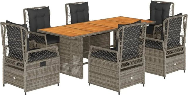 vidaXL 7-tlg Garten-Essgruppe aus Poly-Rattan und Akazienholz mit Kissen in Grau - Bild 1