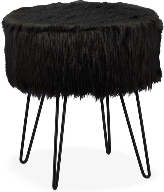 Relaxdays Fellhocker in Schwarz aus Kunstfell mit Stahlgestell, B/T/H: 41 x 37 x 37 cm - Bild 1