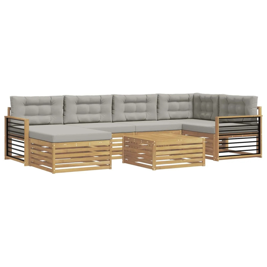 vidaXL Outdoor-Sofagarnitur in L-Form aus Akazienholz mit 7 Kissen in Weiß und Hellgrau - Bild 2