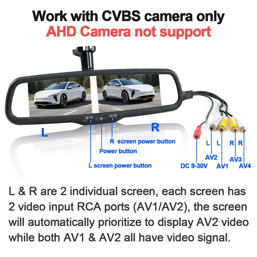 Carsanbo Auto-Rückspiegelmonitor mit 4,3 Zoll TFT LCD Doppelbildschirm, OEM NO.1 Halterung, CVBS Signal und 4CH RCA, Schwarz - Bild 4