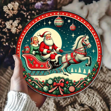 HELLOYOUNG Vintage Weihnachts-Wandkunst aus Aluminium mit Weihnachtsmann im Schlitten, rund, Silber/Mehrfarbig, Durchmesser: 20 cm