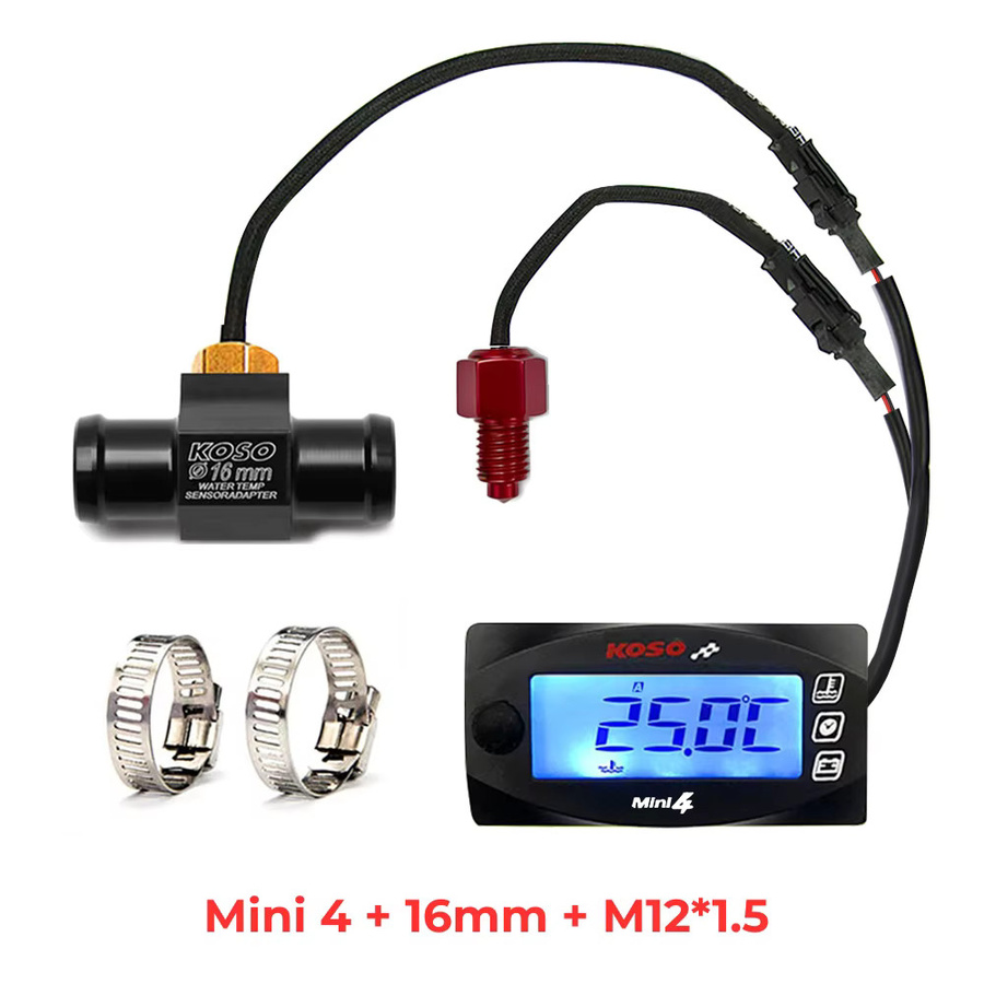 KOSO Mini 4-in-1 Motorrad-Wasserthermometer mit Dual-Temperatur-LCD-Digitalanzeige für Öl- und Wassertemperatur, Zeit und Volt in Schwarz - Bild 6