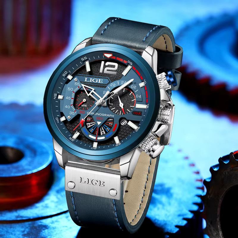 LIGE Chronograph Herrenuhr, Quarz, Leder, Edelstahl, Silver blue - Bild 3