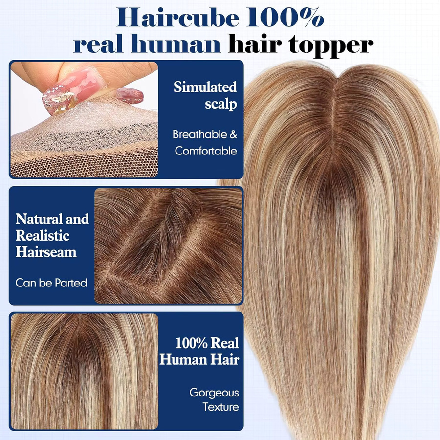 HAIRCUBE Echthaar-Toupet mit Pony, Braune Blonde Highlight, 12 Zoll, Damen - Bild 2