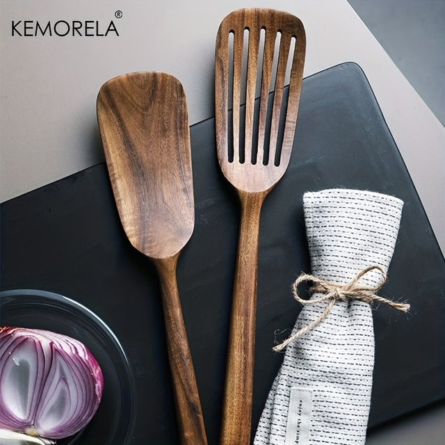 KEMORELA 2er Set Japanische Holz-Pfannenwender und Kochlöffel aus Holz, braun, hitzebeständig und ideal für beschichtete Pfannen - Bild 1