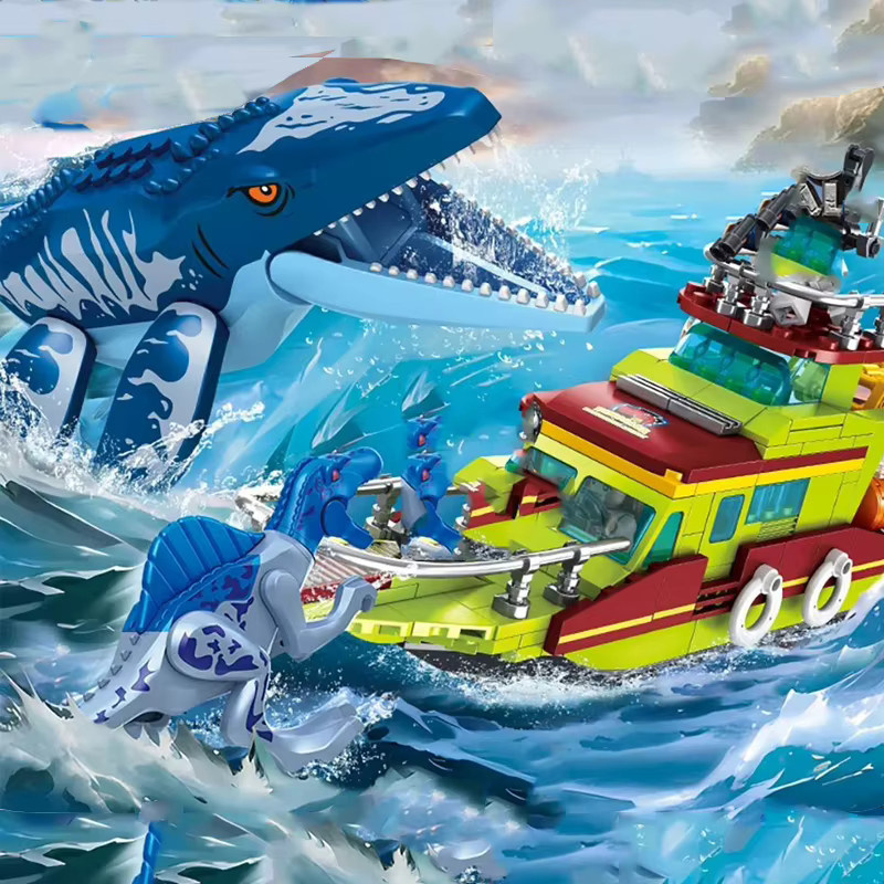 Mengwoha Jurassic Welt Mosasaurus Angriff Schiff Bausteine Set mit Dinosaurier und Fahrzeugen in Mehrfarbig - Bild 2