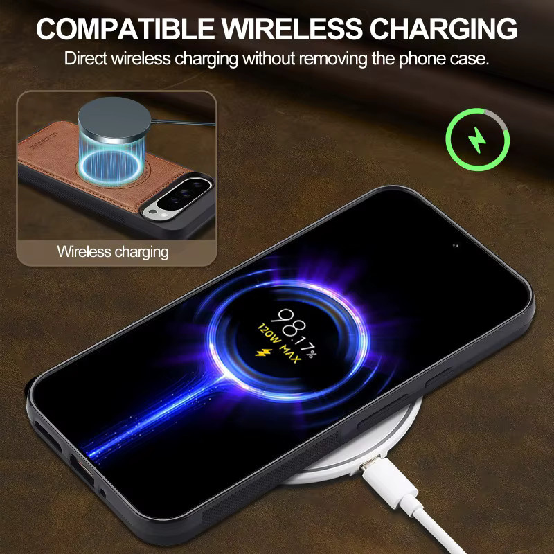 EUCAGR MagSafe Magnetische Drahtlose Lade Hülle aus PU Leder für Google Pixel 10 Pro XL 9 Pro XL 8 Pro 7 Pro in Blau und Braun - Bild 4