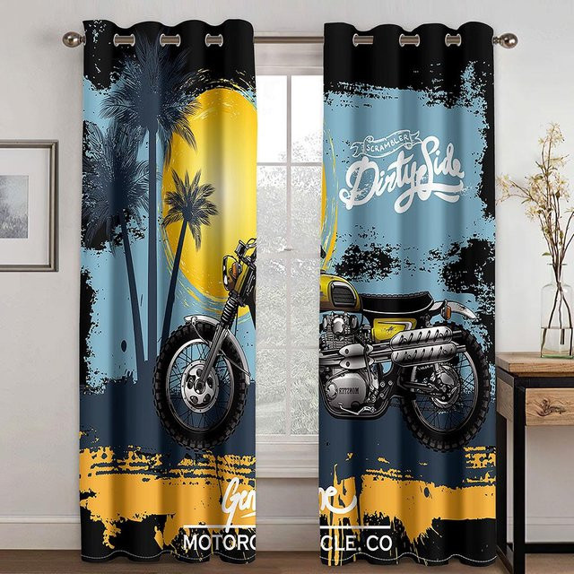 Dekorative 2er-Set Fenster Vorhänge mit 3D Motorrad und Lokomotive Muster für Jungen und Teenager, halbtransparent, Polyester, Mehrfarbig, Breite: 100 cm, Höhe: 130 cm - Bild 1